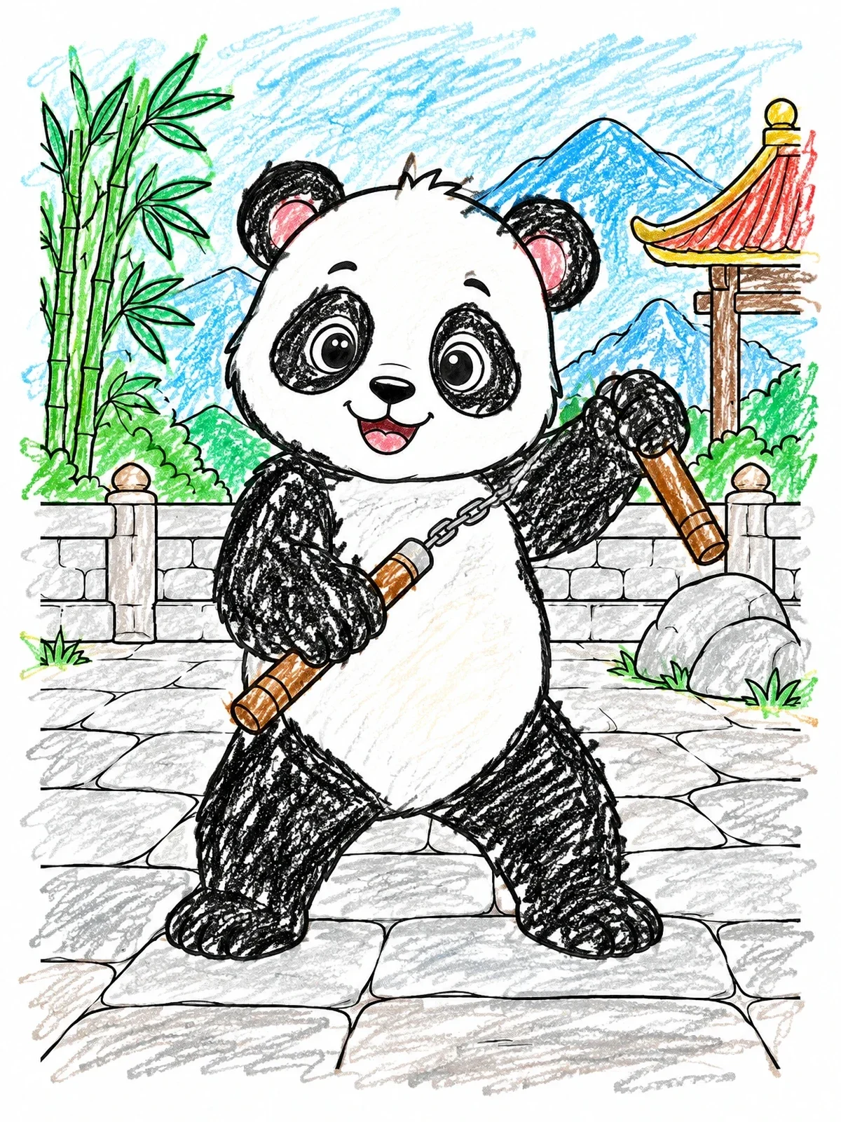 Colored example of the Cute Panda Practicing Martial Arts coloring page