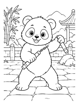 A cheerful panda coloring page showing a playful bear practicing martial arts with nunchucks in a courtyard.