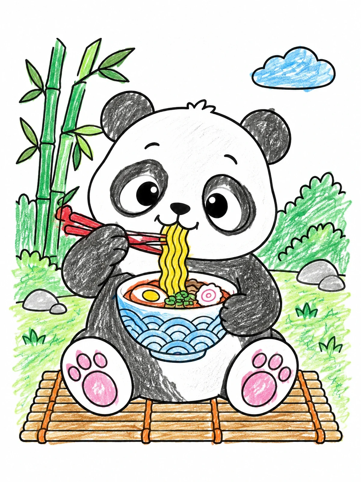 Colored example of the Cute Panda Eating Ramen Noodles coloring page