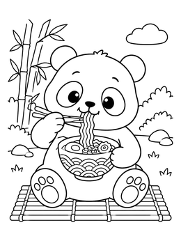 A cute panda eating noodles on this fun ramen coloring page.