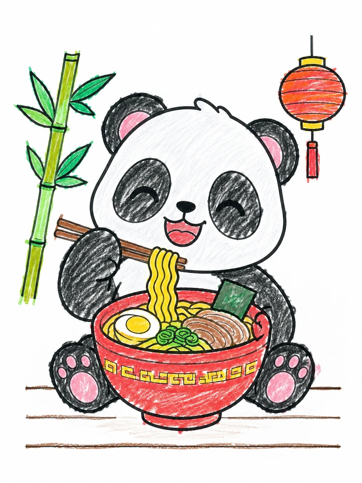 Colored example of the Cute Panda Eating Noodle Bowl coloring page
