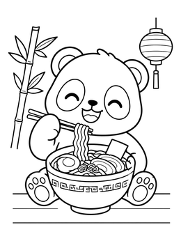 A cheerful panda enjoys noodles in this ramen coloring page with bamboo and a lantern.