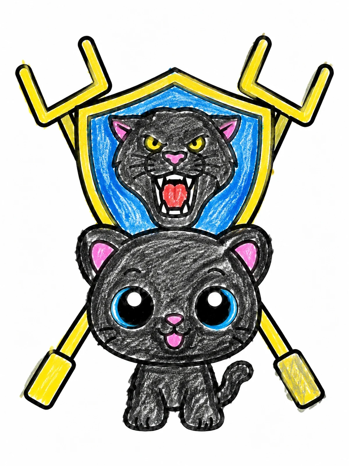 Colored example of the Cute Panther Cub With Shield coloring page