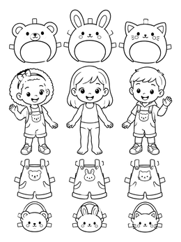 Free printable Cute Paper Dolls With Animal Hoods And Overalls coloring page