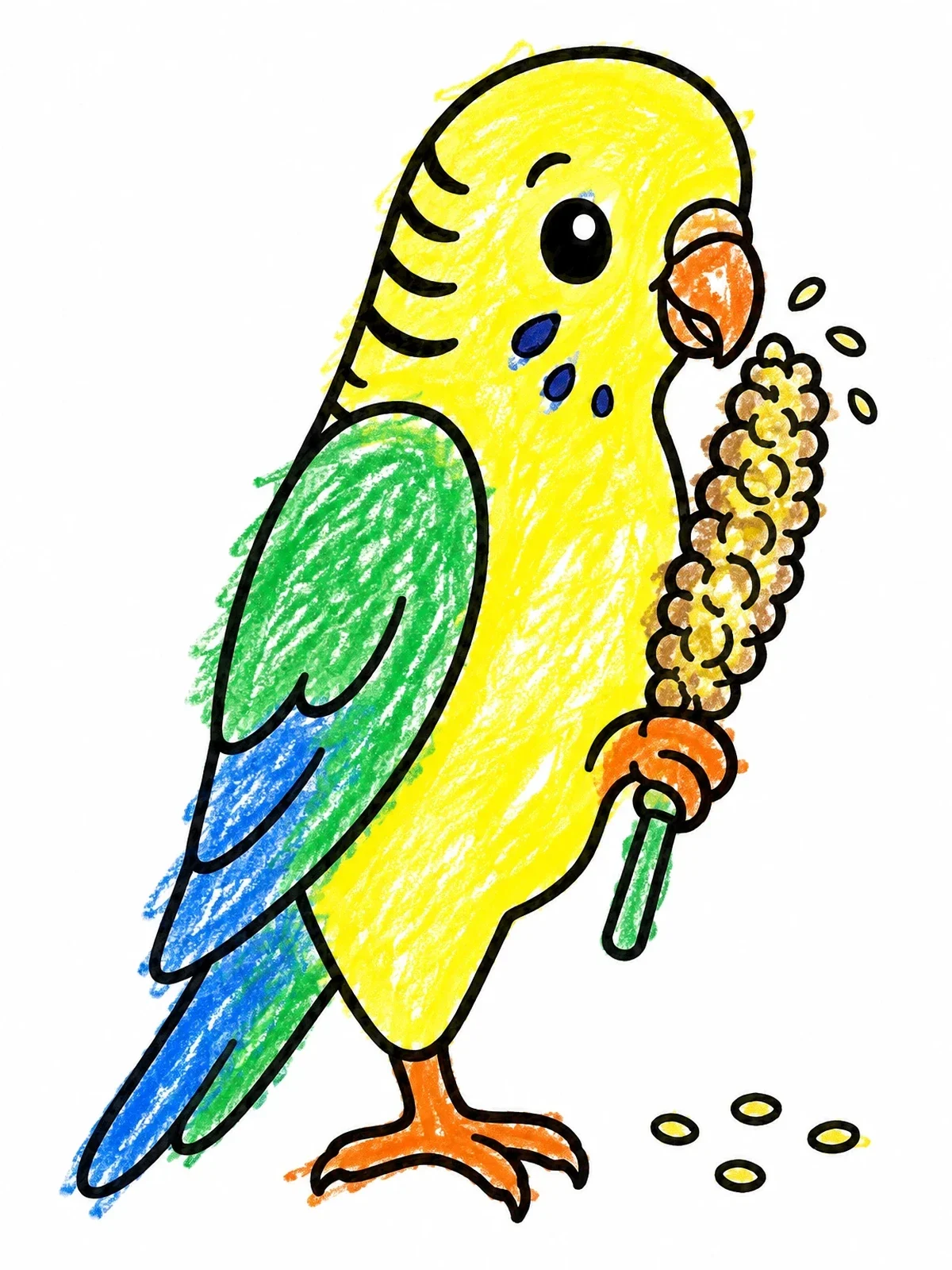 Colored example of the Cute Parakeet Snacking On Millet coloring page