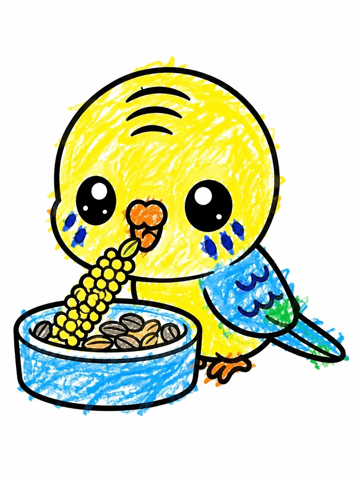 Colored example of the Cute Parakeet Eating Millet coloring page