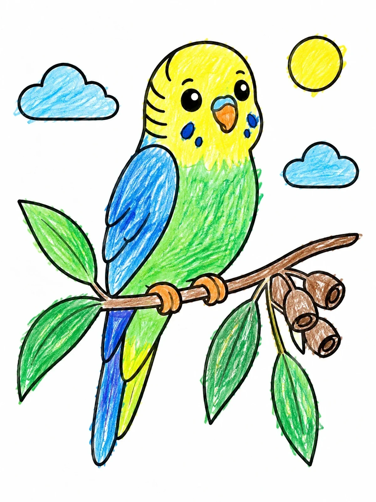 Colored example of the Cute Parakeet On Eucalyptus Branch coloring page