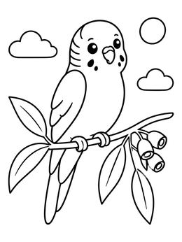 Free printable Cute Parakeet On Eucalyptus Branch coloring page