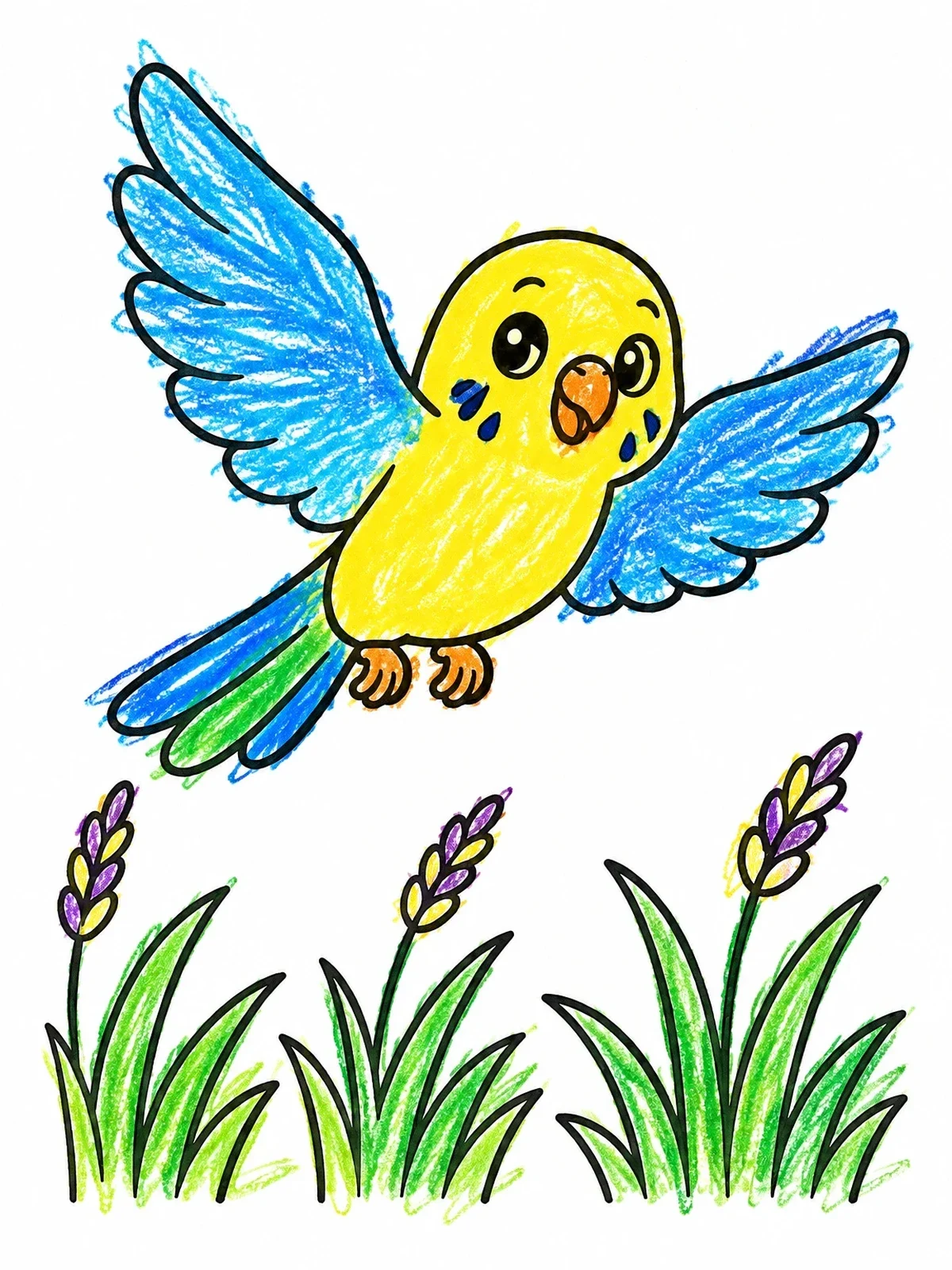 Colored example of the Cute Parakeet Flying Over Grass coloring page