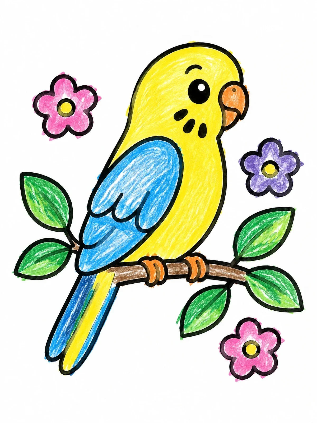 Colored example of the Cute Parakeet On A Flowery Branch coloring page