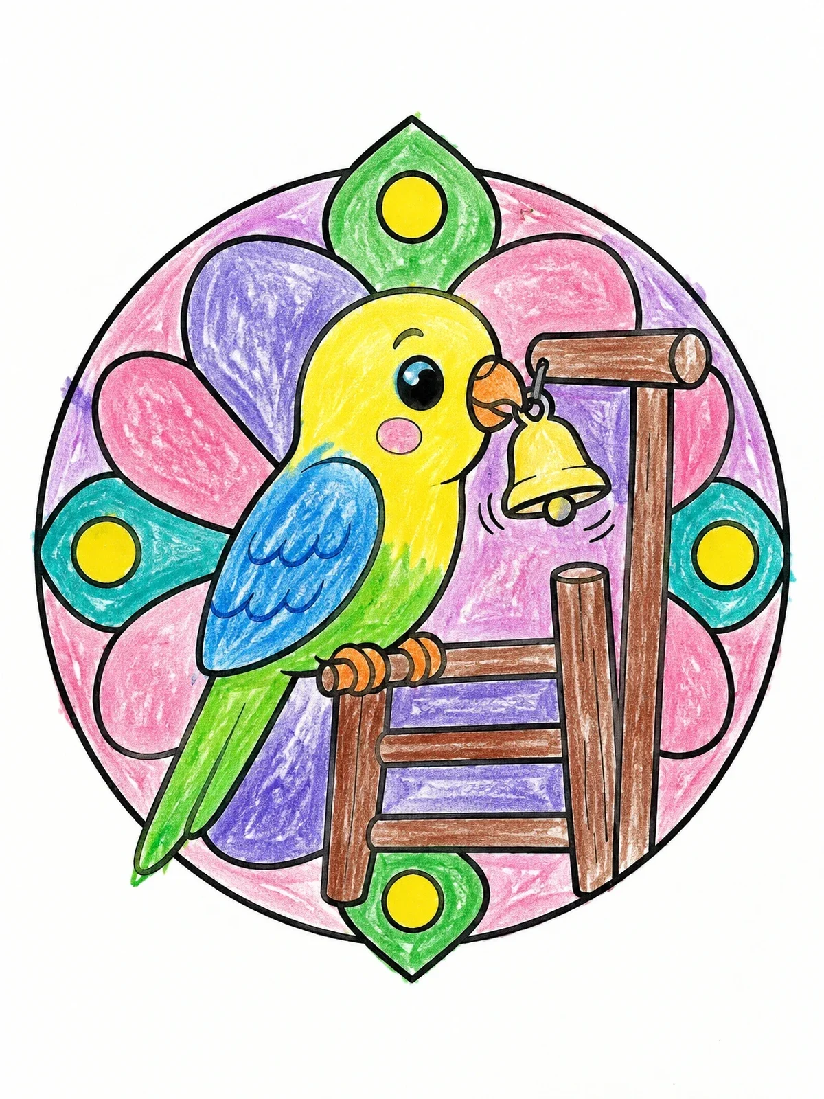 Colored example of the Cute Parakeet Playing With Bell coloring page
