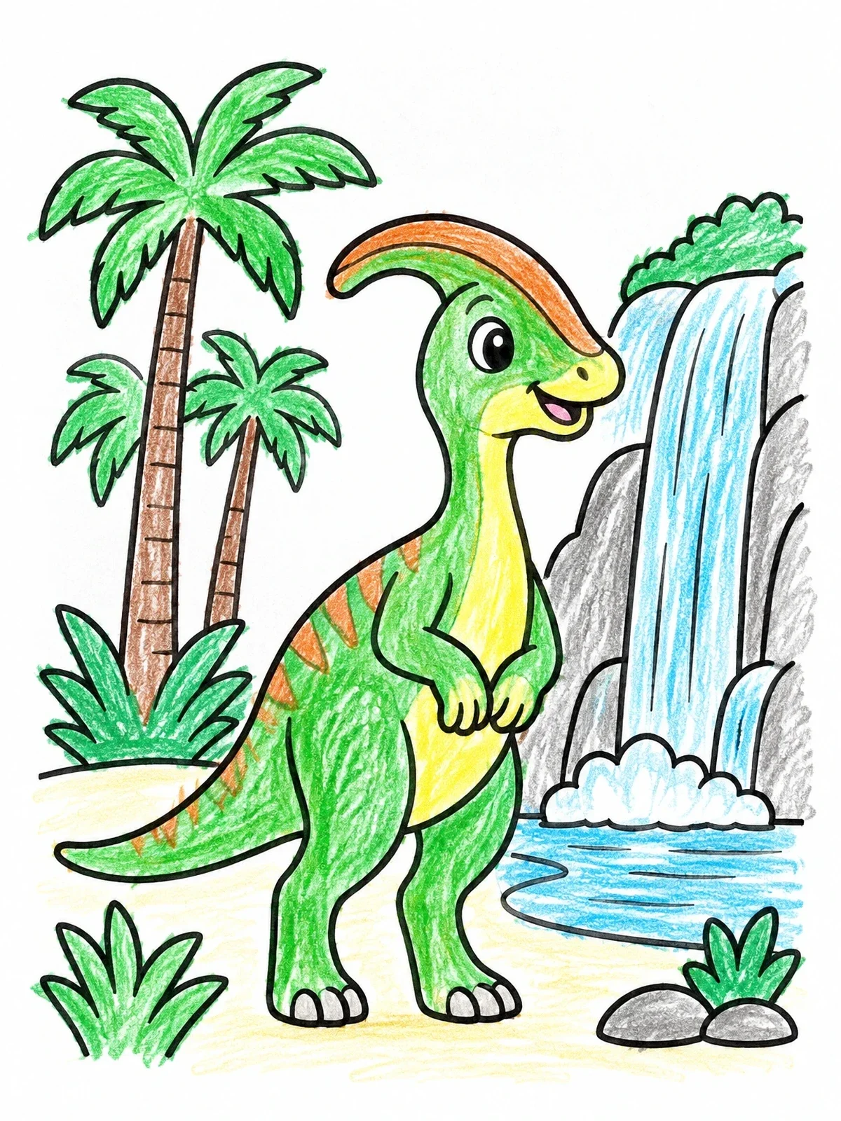 Colored example of the Cute Parasaurolophus By The Waterfall coloring page