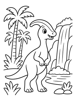 A cute parasaurolophus coloring page standing beside a flowing tropical waterfall.