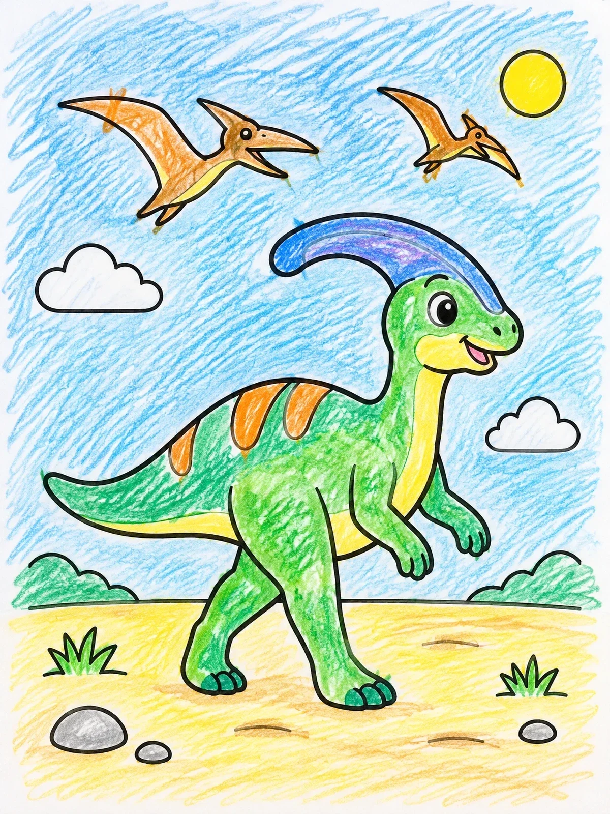 Colored example of the Cute Parasaurolophus And Flying Pterosaurs coloring page