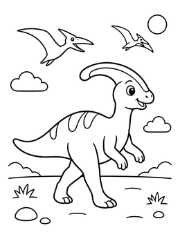 A friendly parasaurolophus coloring page with flying pterosaurs in the sky.