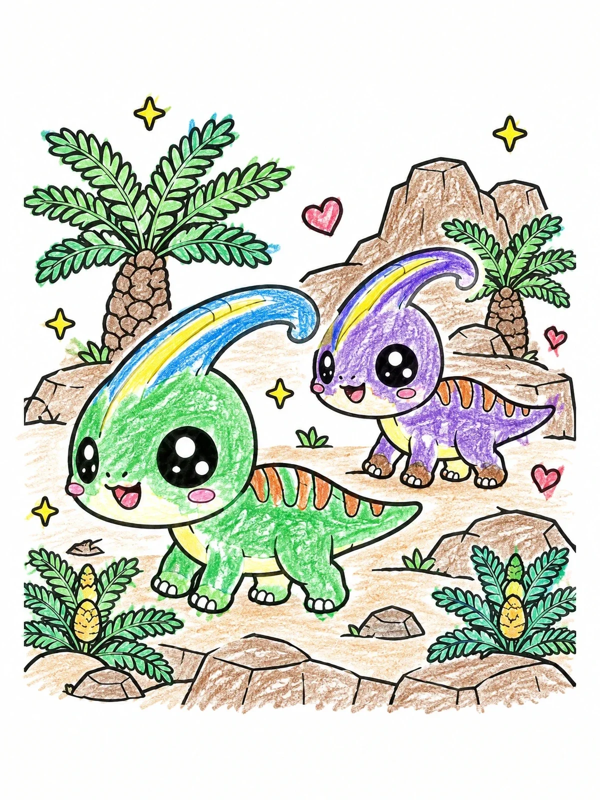 Colored example of the Cute Parasaurolophus Friends On Rocky Plateau coloring page