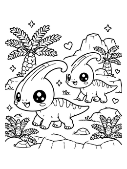 Free printable Cute Parasaurolophus Friends On Rocky Plateau coloring page