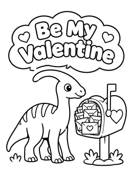 A sweet parasaurolophus next to a full mailbox on this valentine dinosaur coloring page.