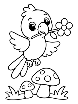 A sweet little bird in a parrot coloring page flying over mushrooms with a flower in its beak.