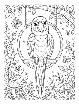 A parrot coloring page showing a friendly bird sitting on a round wooden swing in the garden.