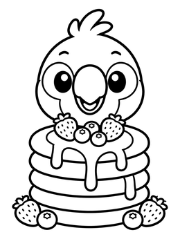 A sweet little bird rests above syrup and berries in this parrot coloring page.