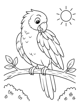 A cute parrot coloring page showing a bird preening its feathers on a sunny branch.