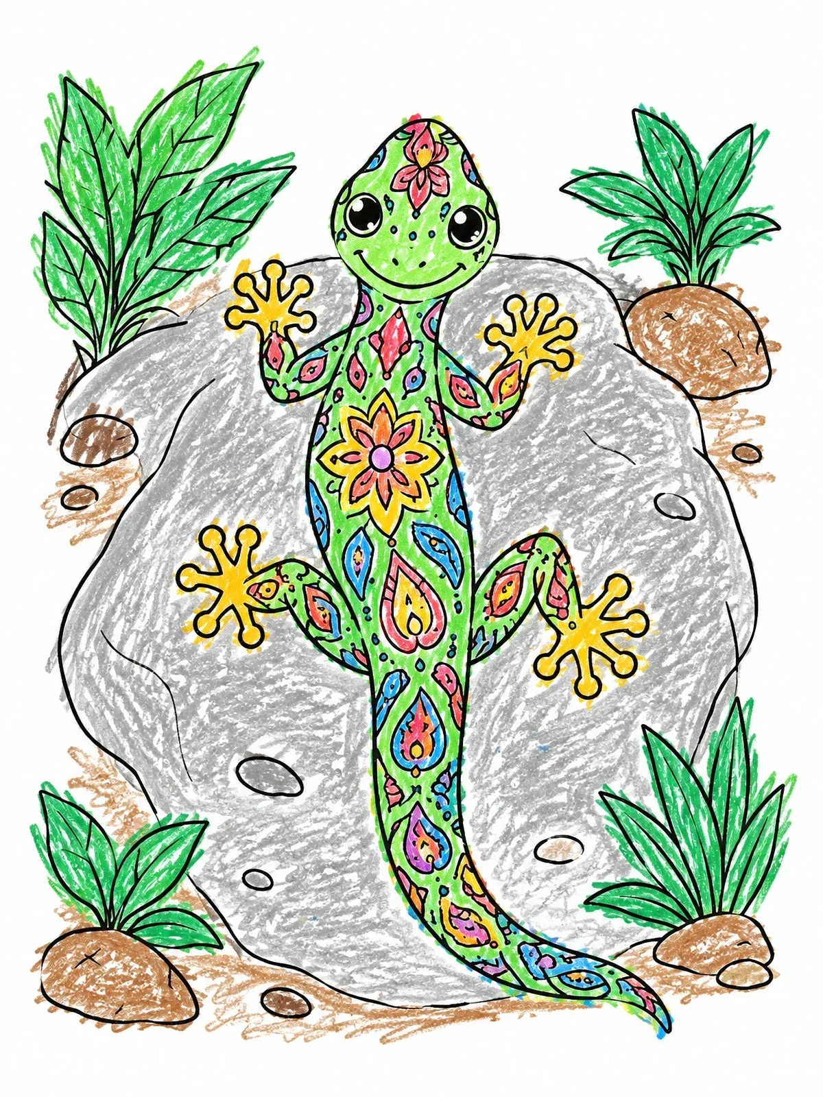 Colored example of the Cute Patterned Gecko On Rock coloring page