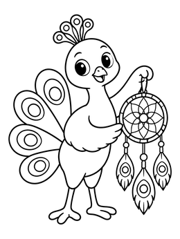 A peacock coloring page showing a friendly cartoon peacock holding a decorative dreamcatcher.