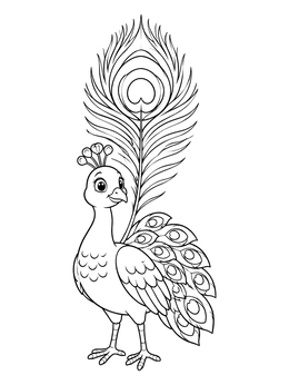 A peacock coloring page featuring a cute cartoon bird with an oversized tail feather.