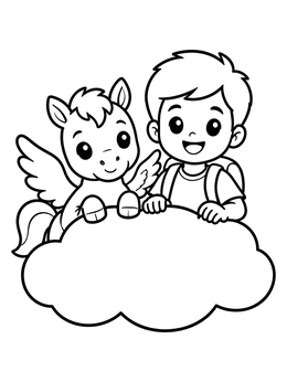 Free printable Cute Pegasus And Boy On A Cloud coloring page