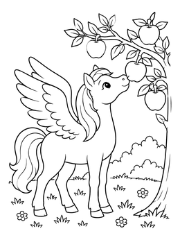 A sweet little pegasus coloring page reaching up to sniff ripe apples on a tree branch.