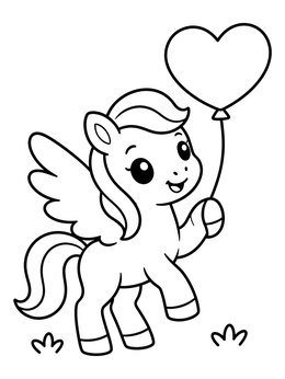 A cute pegasus coloring page featuring a baby winged horse holding a heart-shaped balloon.