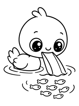 A cute pelican coloring page showing a cartoon bird looking at little swimming fish.