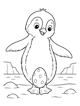 A cheerful baby penguin coloring page balancing a spotted egg on its feet.