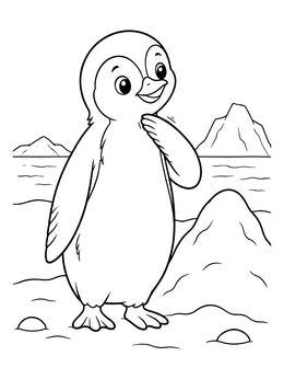 A cheerful baby penguin coloring page standing near an icy hill.