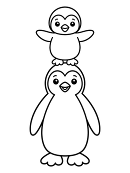 A sweet penguin coloring page showing a baby penguin standing on an adult penguin's head.