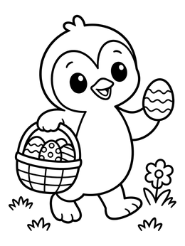 A cheerful baby penguin coloring page holding an Easter basket and egg outdoors.