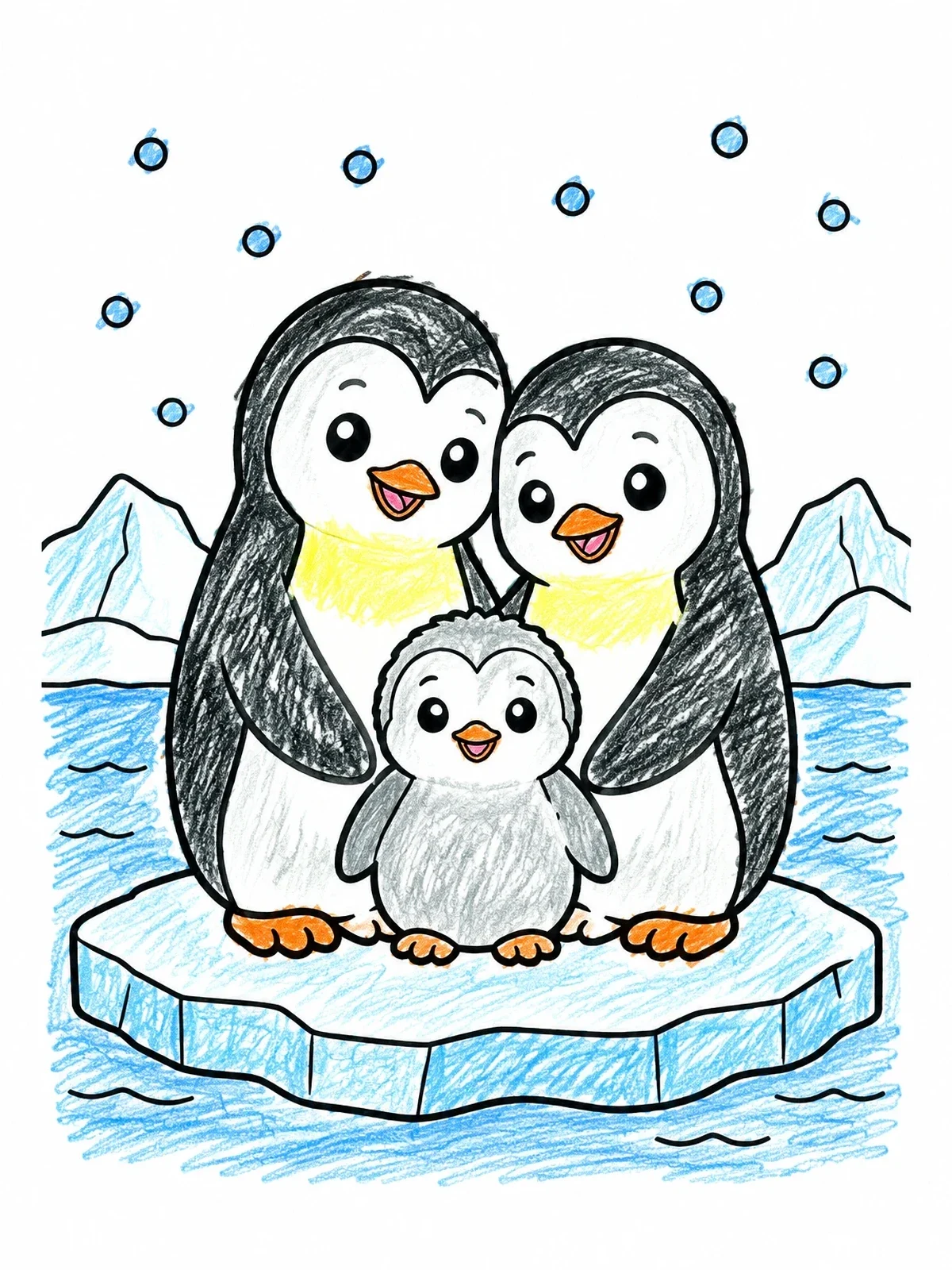 Colored example of the Cute Penguin Family On Ice coloring page