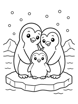 A penguin family coloring page with two parents and a chick on an ice floe.