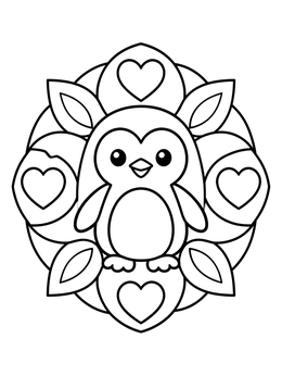 A cute penguin coloring page framed by a simple heart mandala.