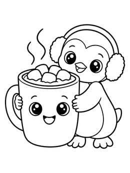 A hot cocoa coloring page featuring a baby penguin hugging a smiling mug filled with marshmallows.