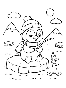 Free printable Cute Penguin Fishing On Ice Floe coloring page