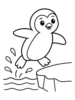 A happy baby penguin coloring page showing it jumping out of the water onto an ice block.
