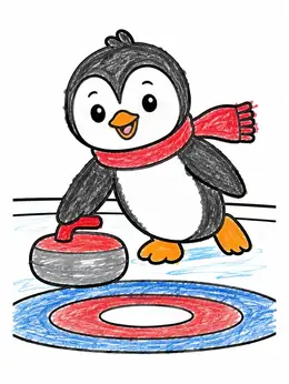 Cute Penguin Playing Curling Coloring Page