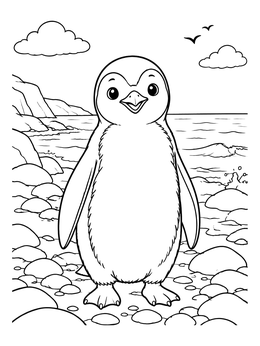 A penguin coloring page featuring a cheerful baby penguin standing on a pebble beach by the sea.