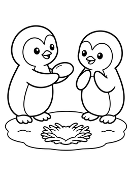 A cute penguin coloring page featuring two penguins building a nest with a smooth pebble.