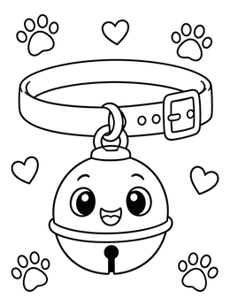 A smiling jingle bell collar with paws on this bell coloring page.