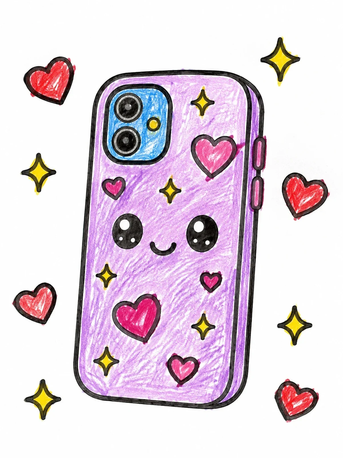 Colored example of the Cute Phone Case With Hearts And Stars coloring page