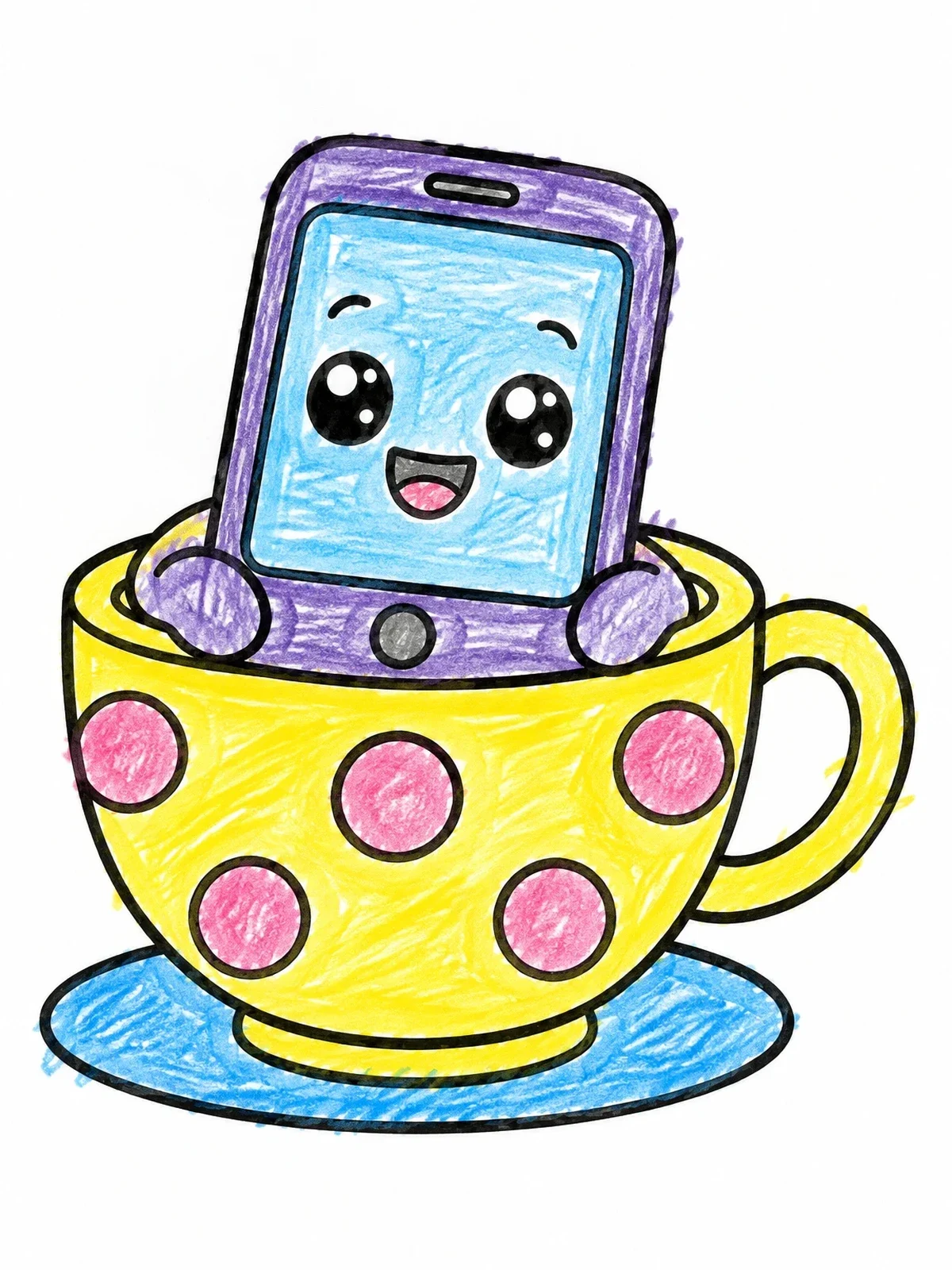 Colored example of the Cute Phone In A Polka Dot Teacup coloring page