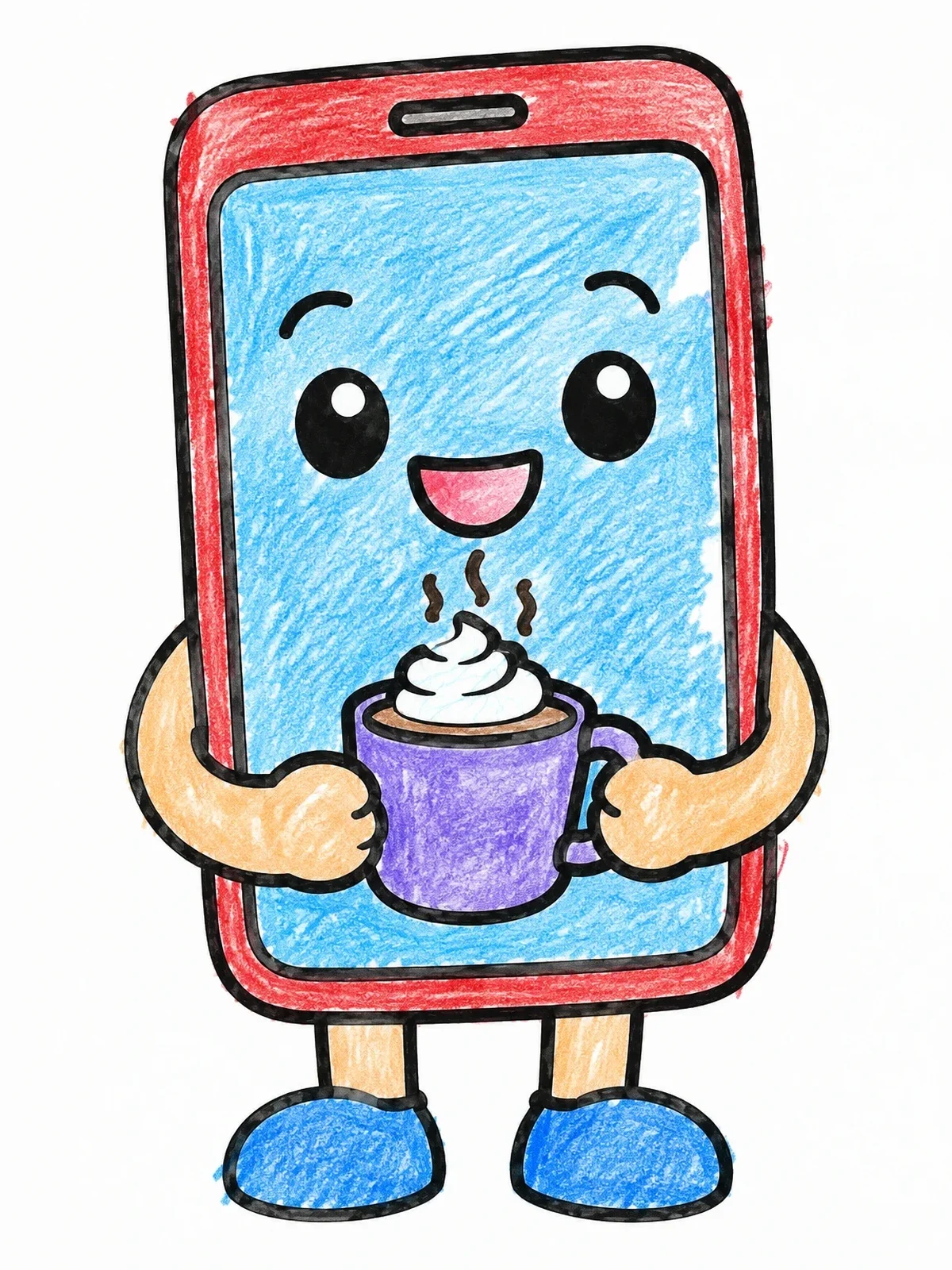 Colored example of the Cute Phone Character With Hot Cocoa coloring page